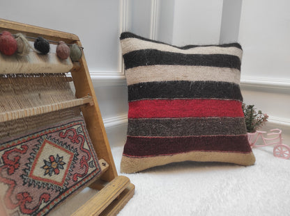 Handmade Kilim Pillow Cover: Striped Woven Rug, 16x16