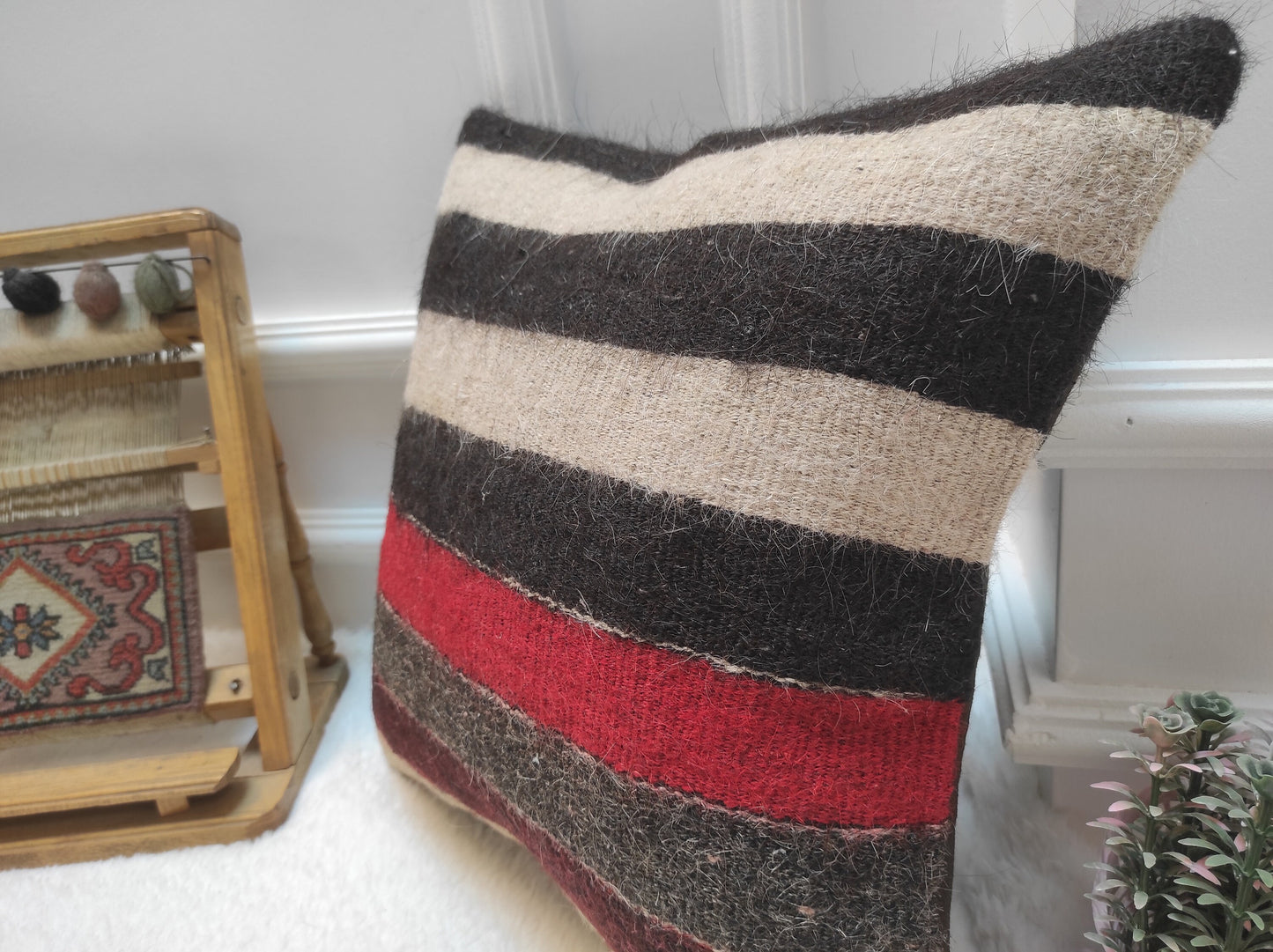 Handmade Kilim Pillow Cover: Striped Woven Rug, 16x16