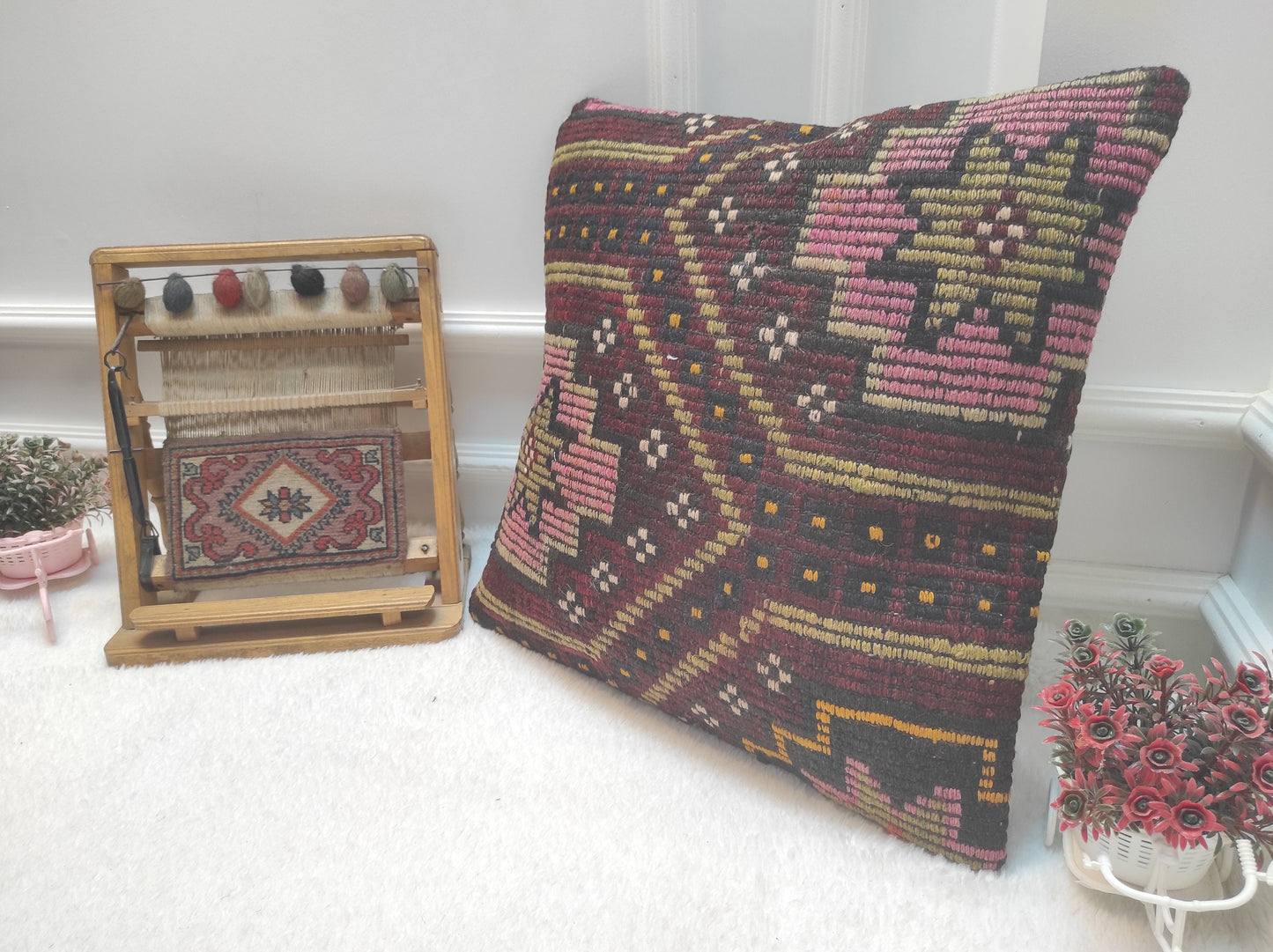 Handwoven Kilim Pillow Cover: Upcycled Ethnic Rug, 20x20