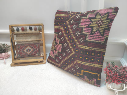 Handwoven Kilim Pillow Cover: Upcycled Ethnic Rug, 20x20