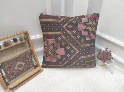 Handwoven Kilim Pillow Cover: Upcycled Ethnic Rug, 20x20