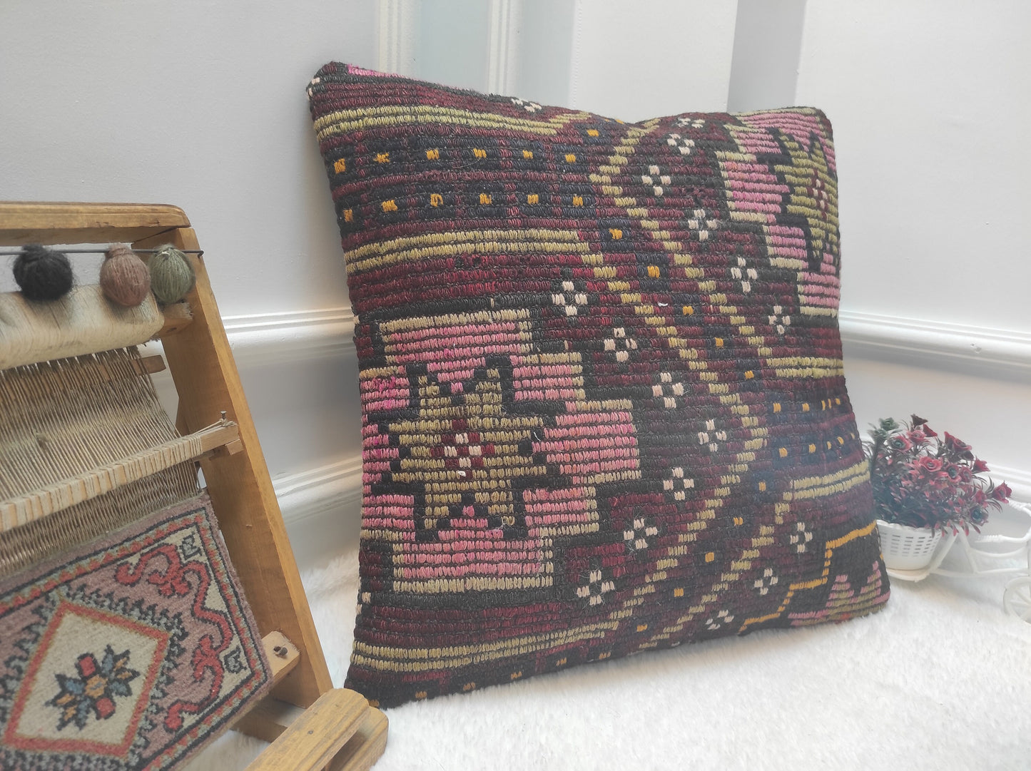 Handwoven Kilim Pillow Cover: Upcycled Ethnic Rug, 20x20