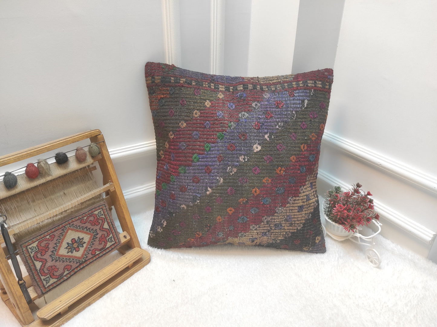 Handmade Kilim Pillow Cover: Upcycled Woven Rug, Bohemian Decor (20 x 20 in)
