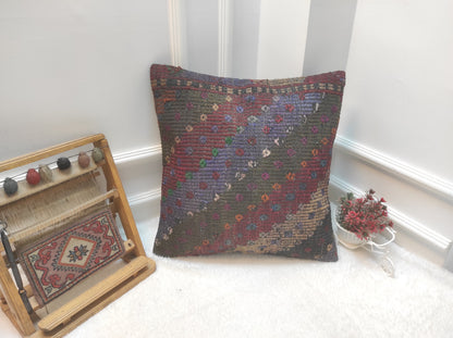 Handmade Kilim Pillow Cover: Upcycled Woven Rug, Bohemian Decor (20 x 20 in)