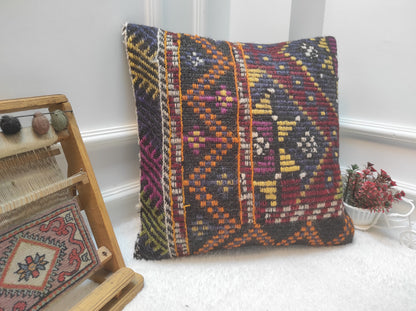 Handwoven Kilim Pillow Cover: Bohemian Rug Pillow, 20x20 inch