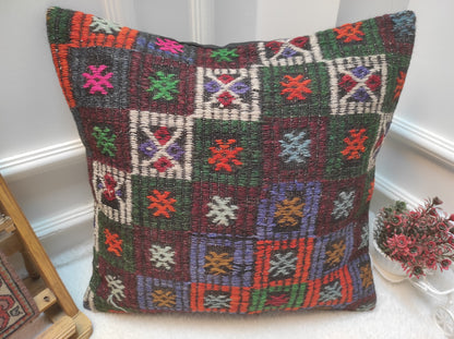Handmade Kilim Pillow Cover: Upcycled Woven Rug, Bohemian Decor (20x20 inc)