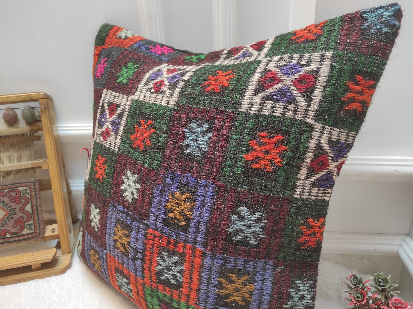 Handmade Kilim Pillow Cover: Upcycled Woven Rug, Bohemian Decor (20x20 inc)
