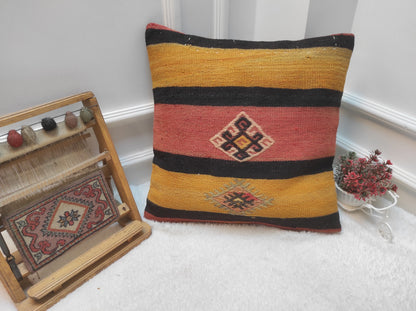 Handmade Kilim Pillow Cover: Upcycled Woven Rug, Yellow 20x20 inc