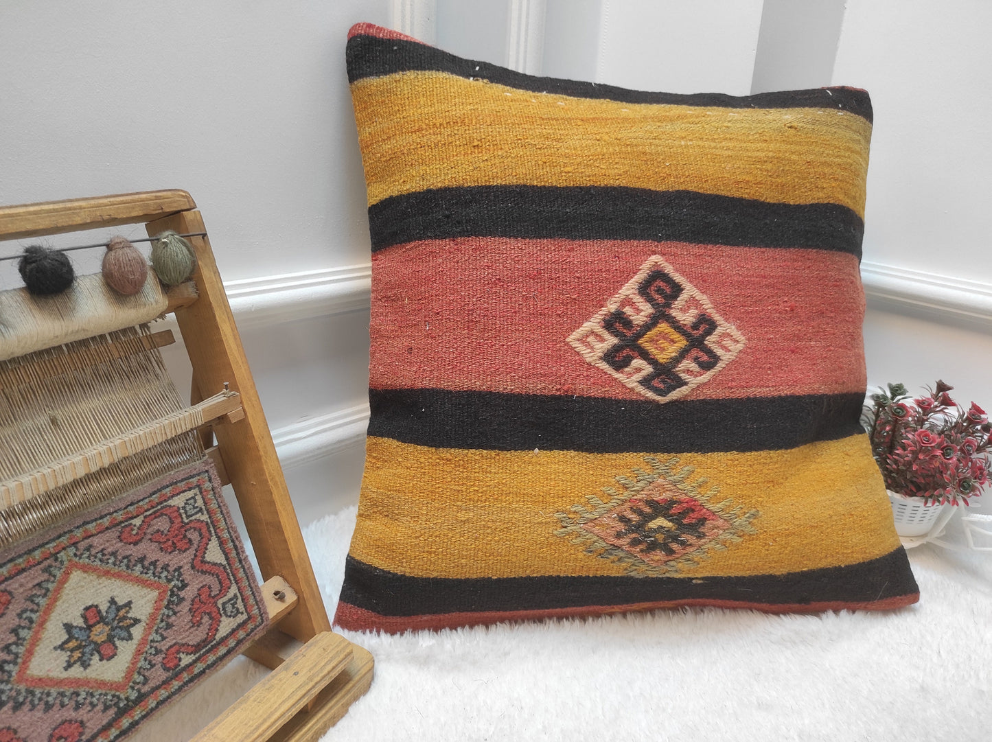 Handmade Kilim Pillow Cover: Upcycled Woven Rug, Yellow 20x20 inc