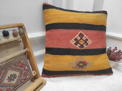 Handmade Kilim Pillow Cover: Upcycled Woven Rug, Yellow 20x20 inc