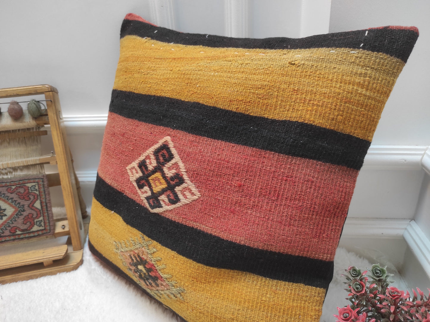 Handmade Kilim Pillow Cover: Upcycled Woven Rug, Yellow 20x20 inc
