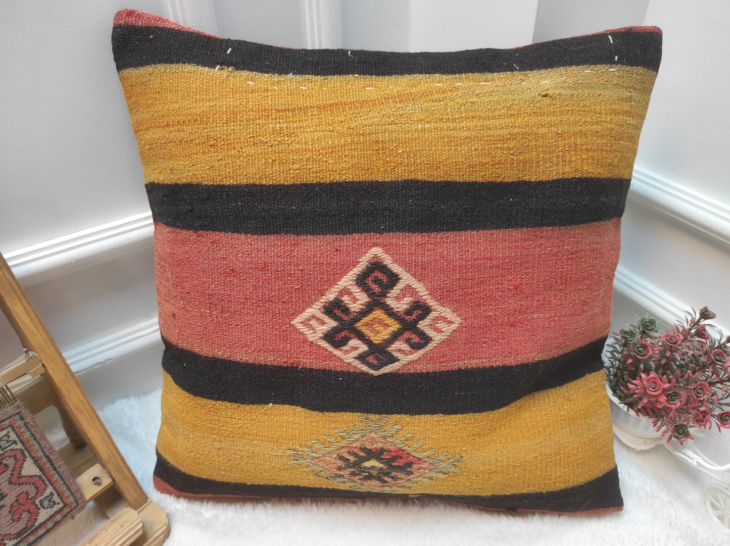 Handmade Kilim Pillow Cover: Upcycled Woven Rug, Yellow 20x20 inc