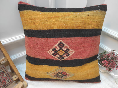Handmade Kilim Pillow Cover: Upcycled Woven Rug, Yellow 20x20 inc