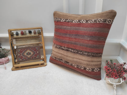 Handmade Kilim Pillow Cover: Red Bohemian Woven Rug, 20x20 inch