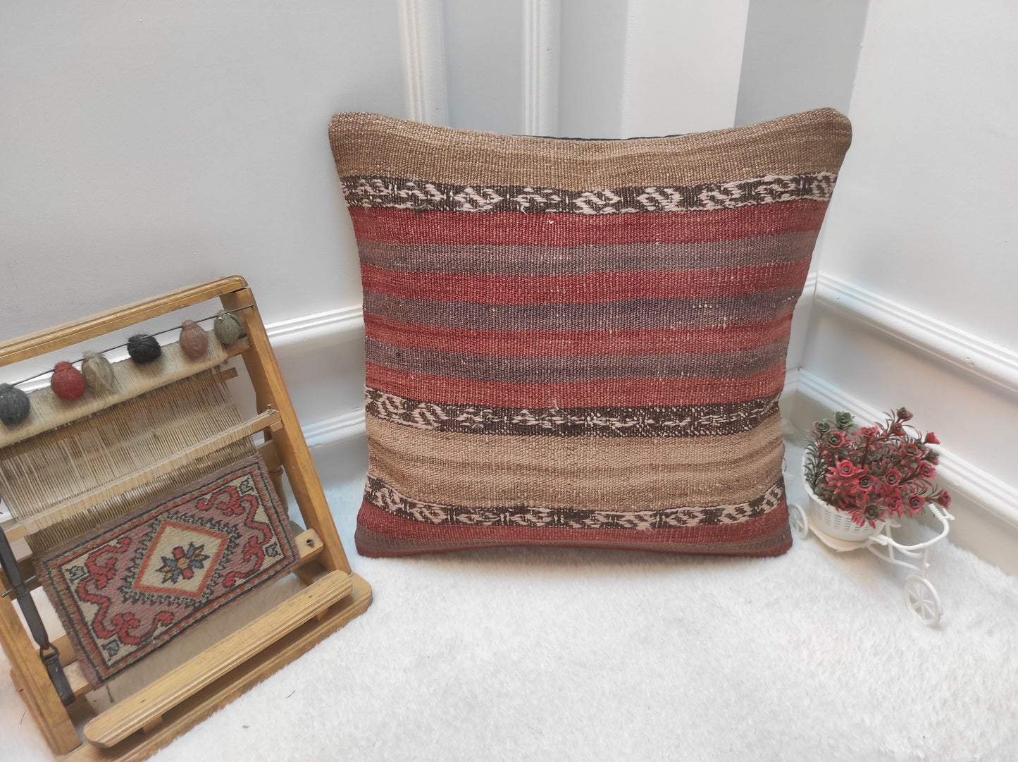 Handmade Kilim Pillow Cover: Red Bohemian Woven Rug, 20x20 inch