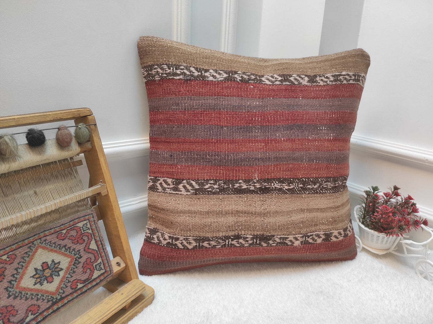 Handmade Kilim Pillow Cover: Red Bohemian Woven Rug, 20x20 inch