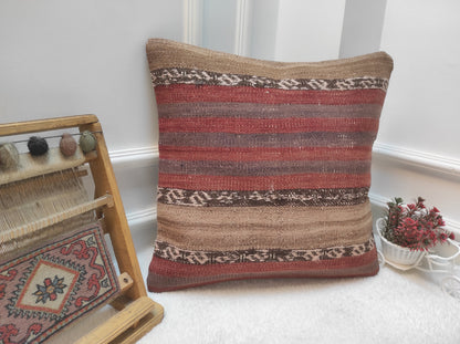 Handmade Kilim Pillow Cover: Red Bohemian Woven Rug, 20x20 inch