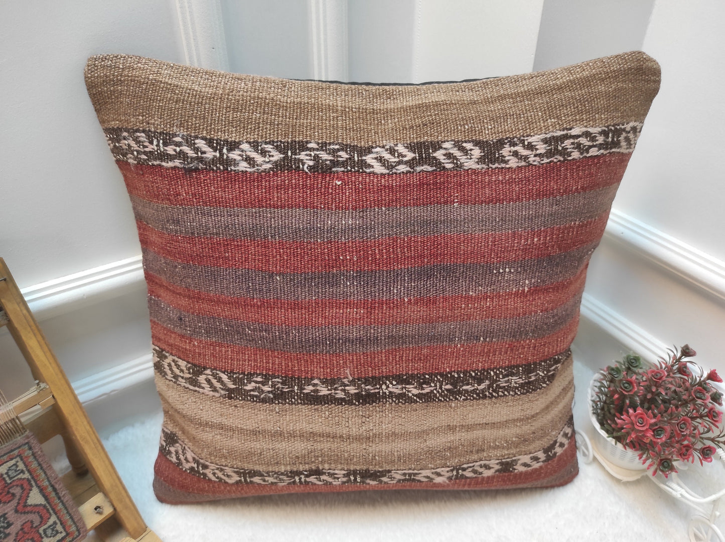 Handmade Kilim Pillow Cover: Red Bohemian Woven Rug, 20x20 inch