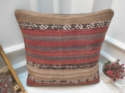Handmade Kilim Pillow Cover: Red Bohemian Woven Rug, 20x20 inch