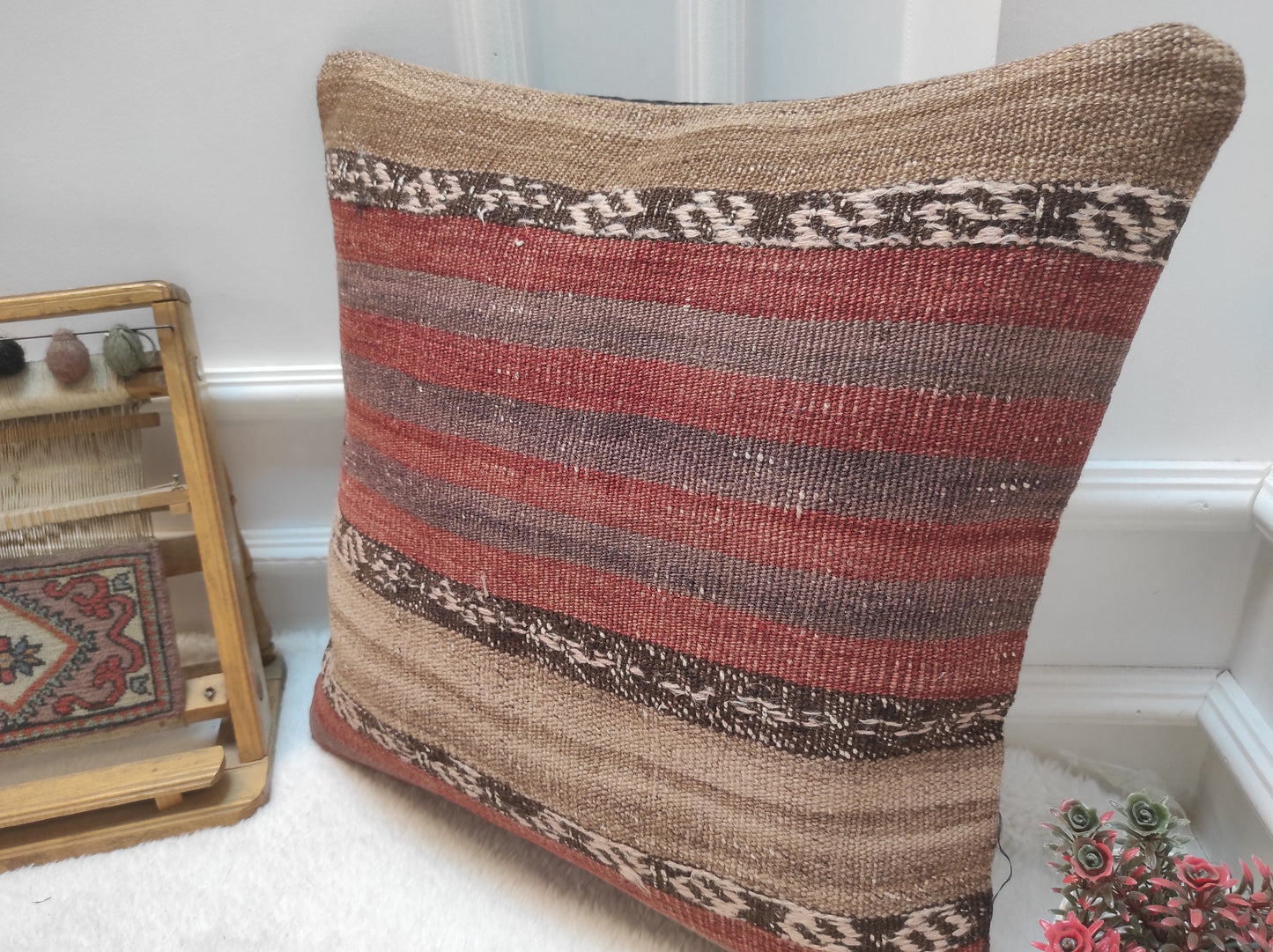 Handmade Kilim Pillow Cover: Red Bohemian Woven Rug, 20x20 inch