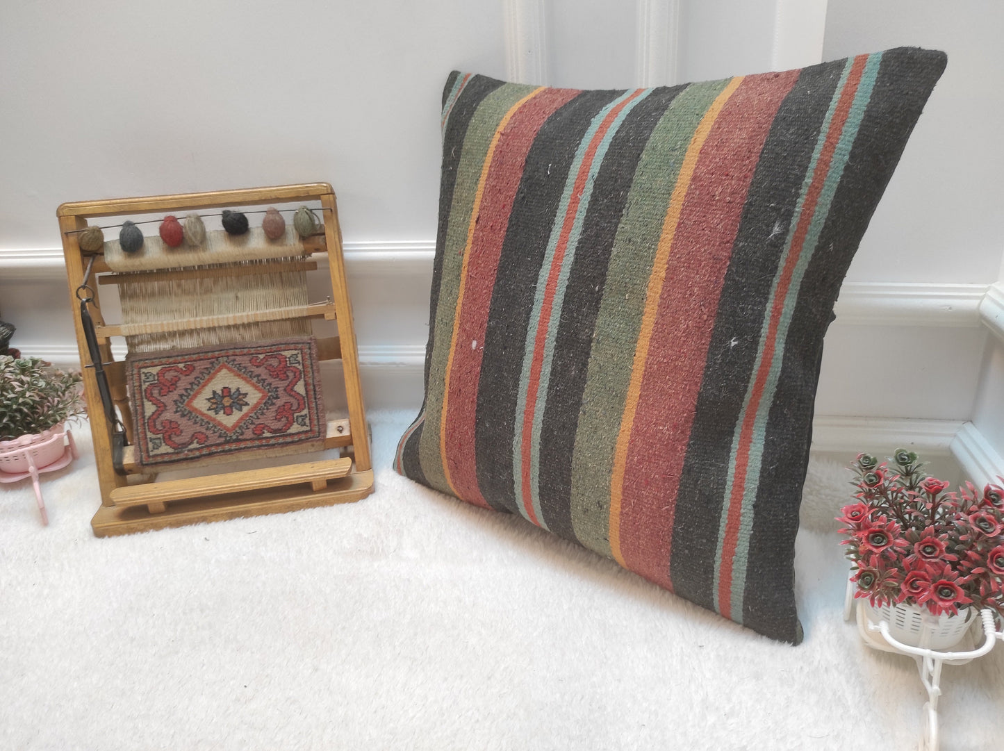 Handmade Kilim Pillow Cover: Upcycled Woven Rug, 20x20 inc