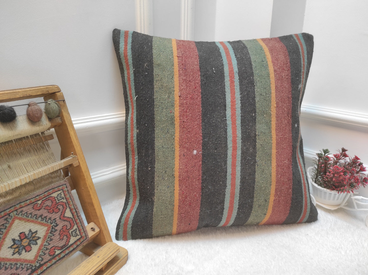 Handmade Kilim Pillow Cover: Upcycled Woven Rug, 20x20 inc