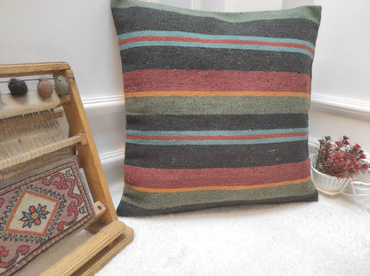 Handmade Kilim Pillow Cover: Upcycled Woven Rug, Bohemian Decor (20 x 20 inc)
