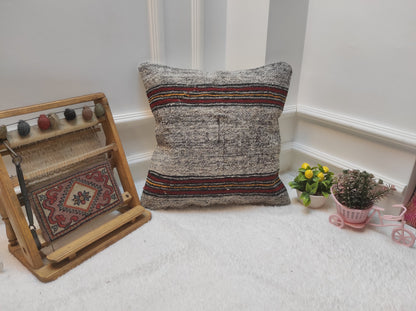 Handmade Kilim Pillow Cover: Upcycled Woven Rug, 18x18 Tribal Pillow