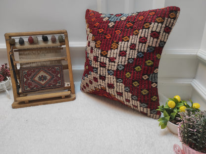 Handmade Kilim Pillow Cover: Upcycled Ethnic Woven Rug, 18x18 inch