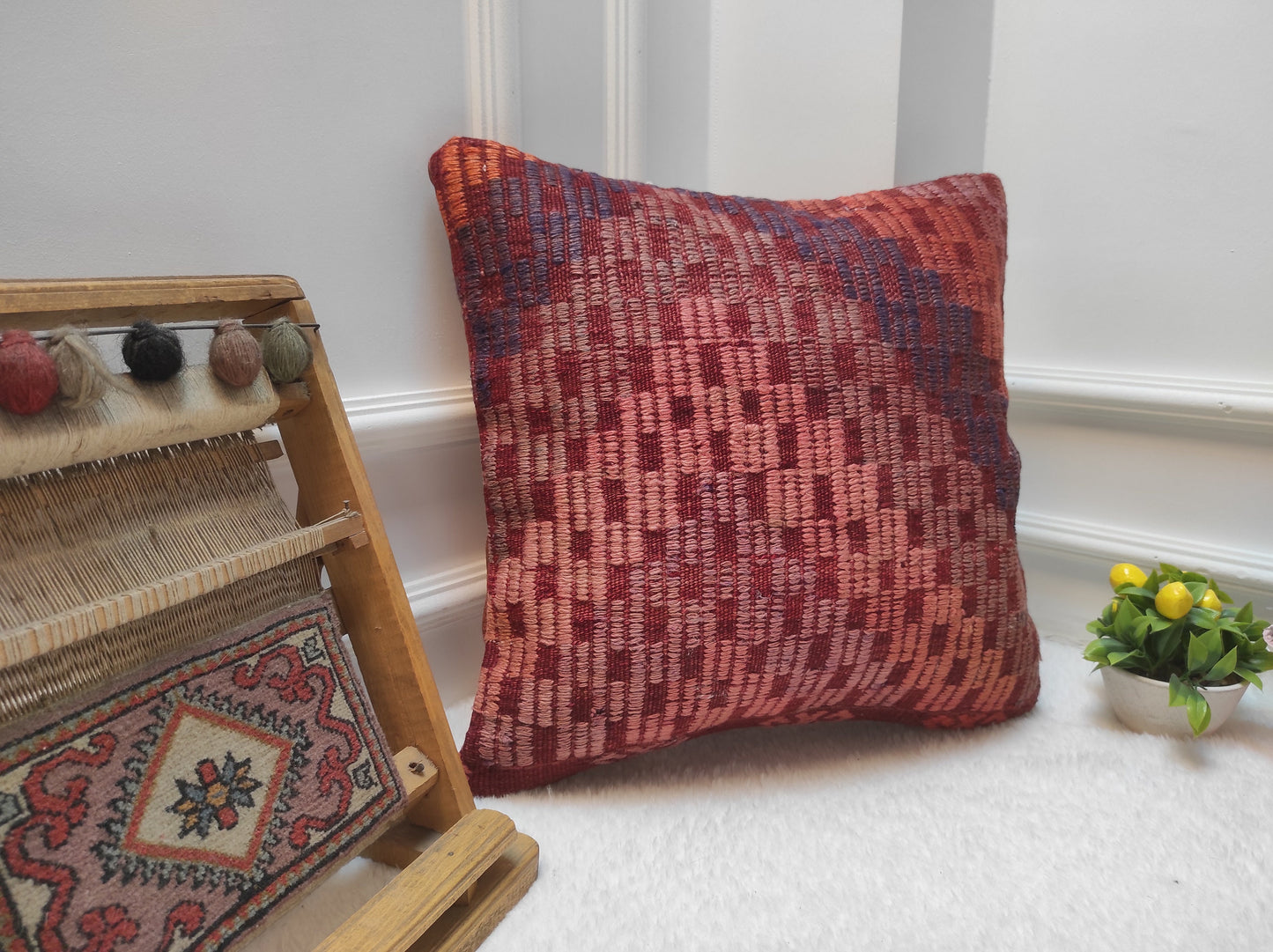 Handmade Kilim Pillow Cover: Upcycled Woven Rug, Red Ethnic Design (18x18 in)