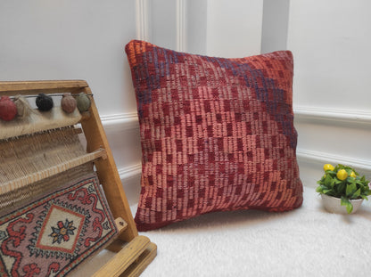 Handmade Kilim Pillow Cover: Upcycled Woven Rug, Red Ethnic Design (18x18 in)