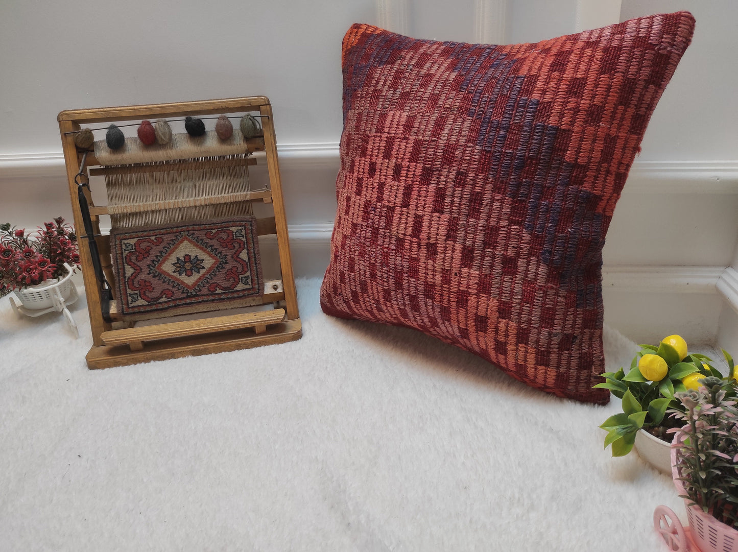 Handmade Kilim Pillow Cover: Upcycled Woven Rug, Red Ethnic Design (18x18 in)