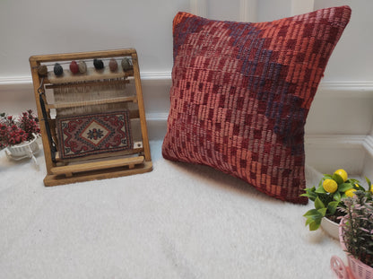 Handmade Kilim Pillow Cover: Upcycled Woven Rug, Red Ethnic Design (18x18 in)