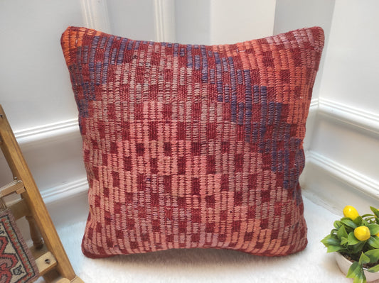 Handmade Kilim Pillow Cover: Upcycled Woven Rug, Red Ethnic Design (18x18 in)