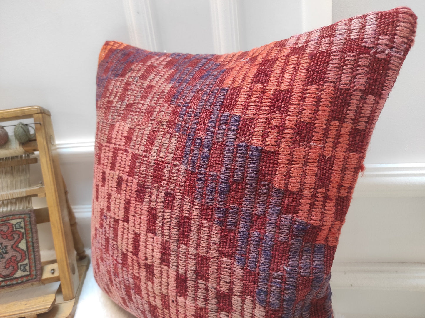 Handmade Kilim Pillow Cover: Upcycled Woven Rug, Red Ethnic Design (18x18 in)