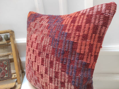 Handmade Kilim Pillow Cover: Upcycled Woven Rug, Red Ethnic Design (18x18 in)