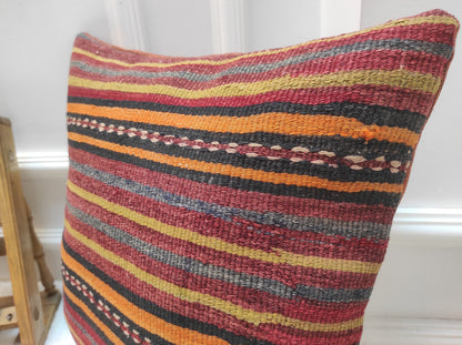Handmade Kilim Pillow Cover: Upcycled Woven Rug, Red Striped Throw Pillow (18x18 inc)