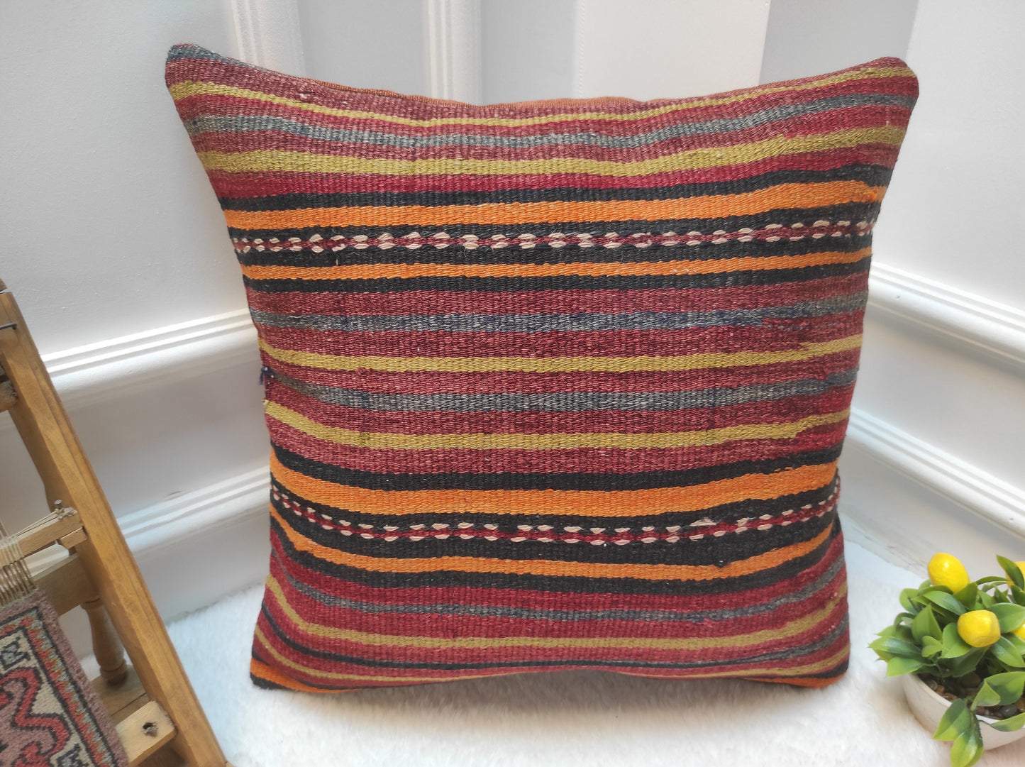 Handmade Kilim Pillow Cover: Upcycled Woven Rug, Red Striped Throw Pillow (18x18 inc)