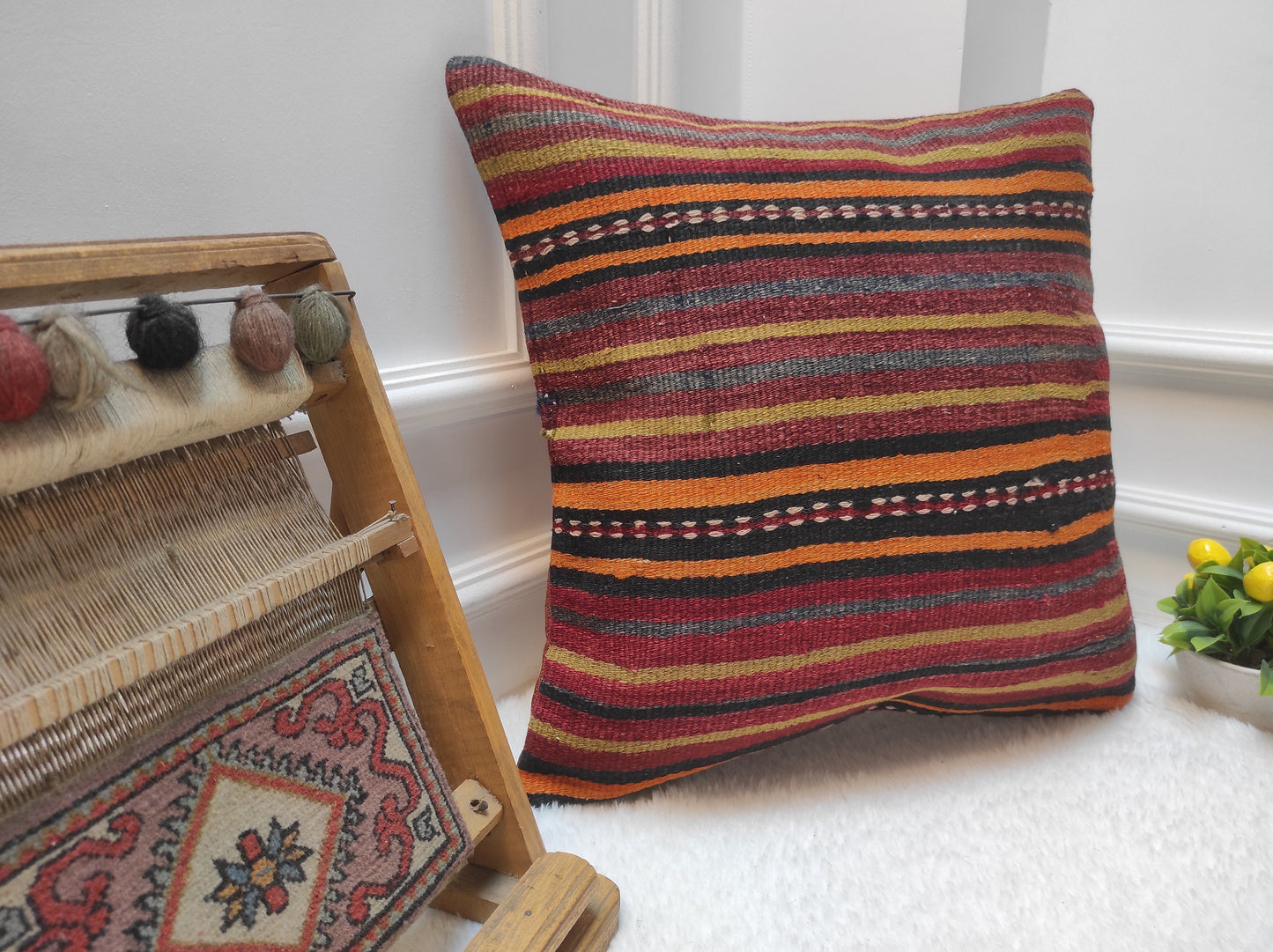 Handmade Kilim Pillow Cover: Upcycled Woven Rug, Red Striped Throw Pillow (18x18 inc)