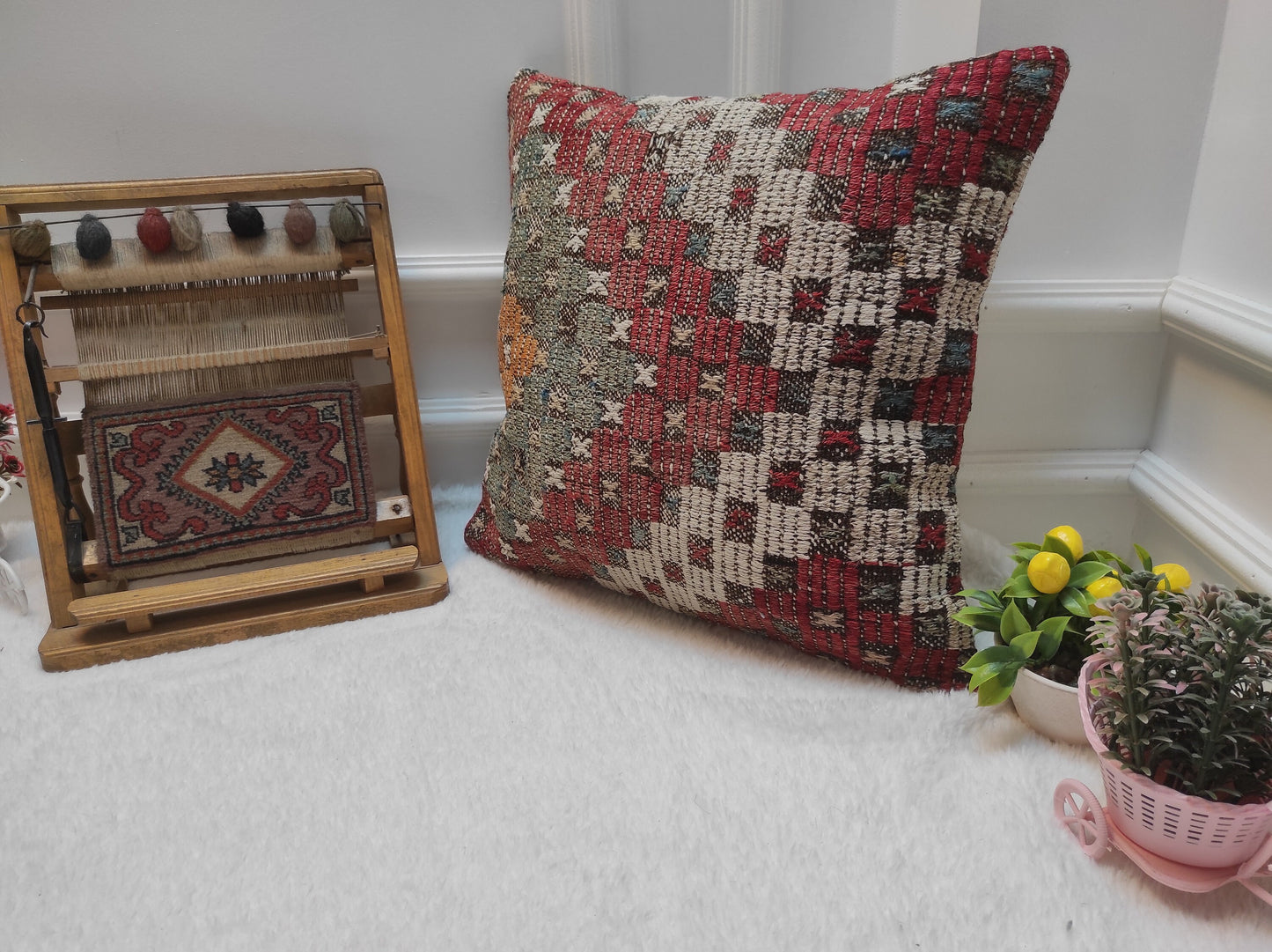 Handmade Kilim Pillow Cover: Upcycled Woven Rug, Red Ethnic Throw Pillow (18x18 inc)
