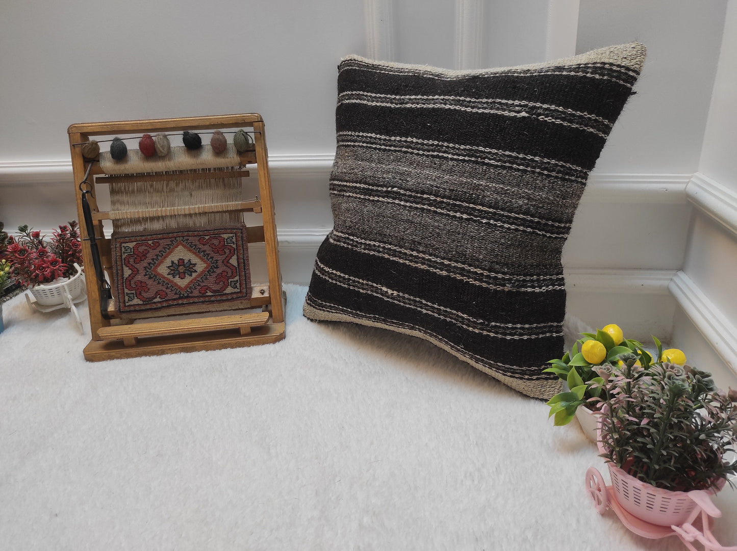 Handwoven Kilim Pillow Cover: Black Tribal Rug Pillow (18x18)