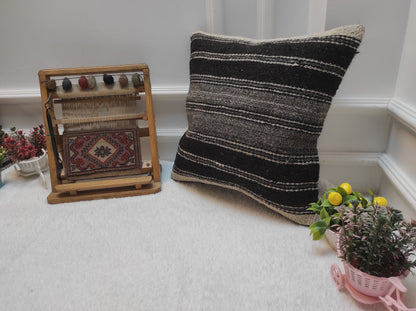 Handwoven Kilim Pillow Cover: Black Tribal Rug Pillow (18x18)