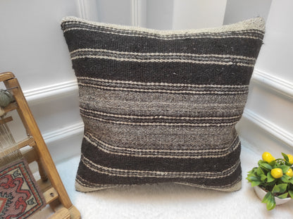 Handwoven Kilim Pillow Cover: Black Tribal Rug Pillow (18x18)