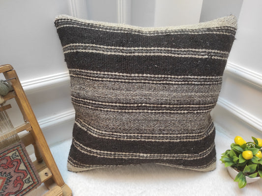 Handwoven Kilim Pillow Cover: Black Tribal Rug Pillow (18x18)