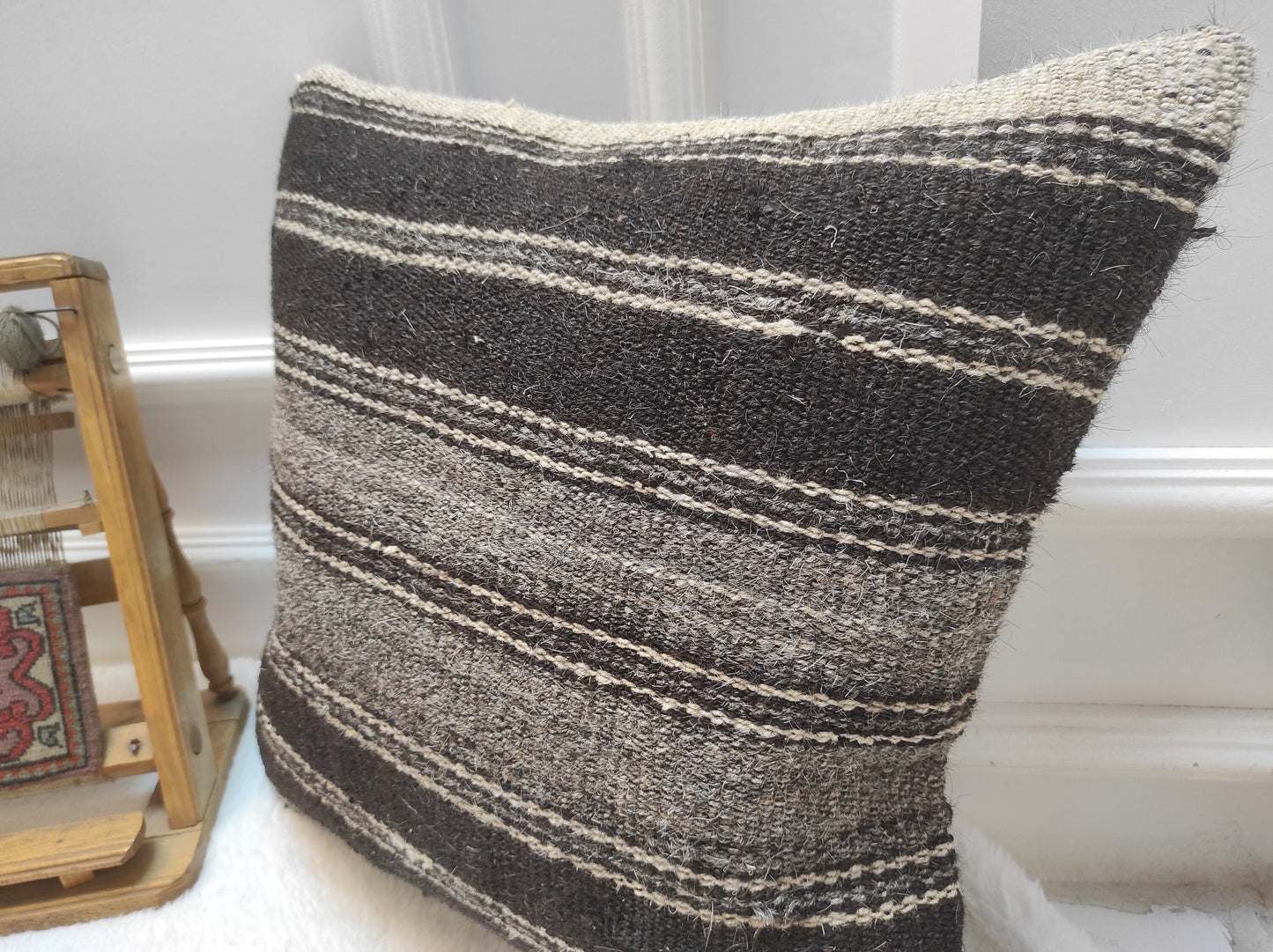 Handwoven Kilim Pillow Cover: Black Tribal Rug Pillow (18x18)