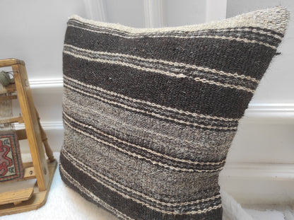 Handwoven Kilim Pillow Cover: Black Tribal Rug Pillow (18x18)