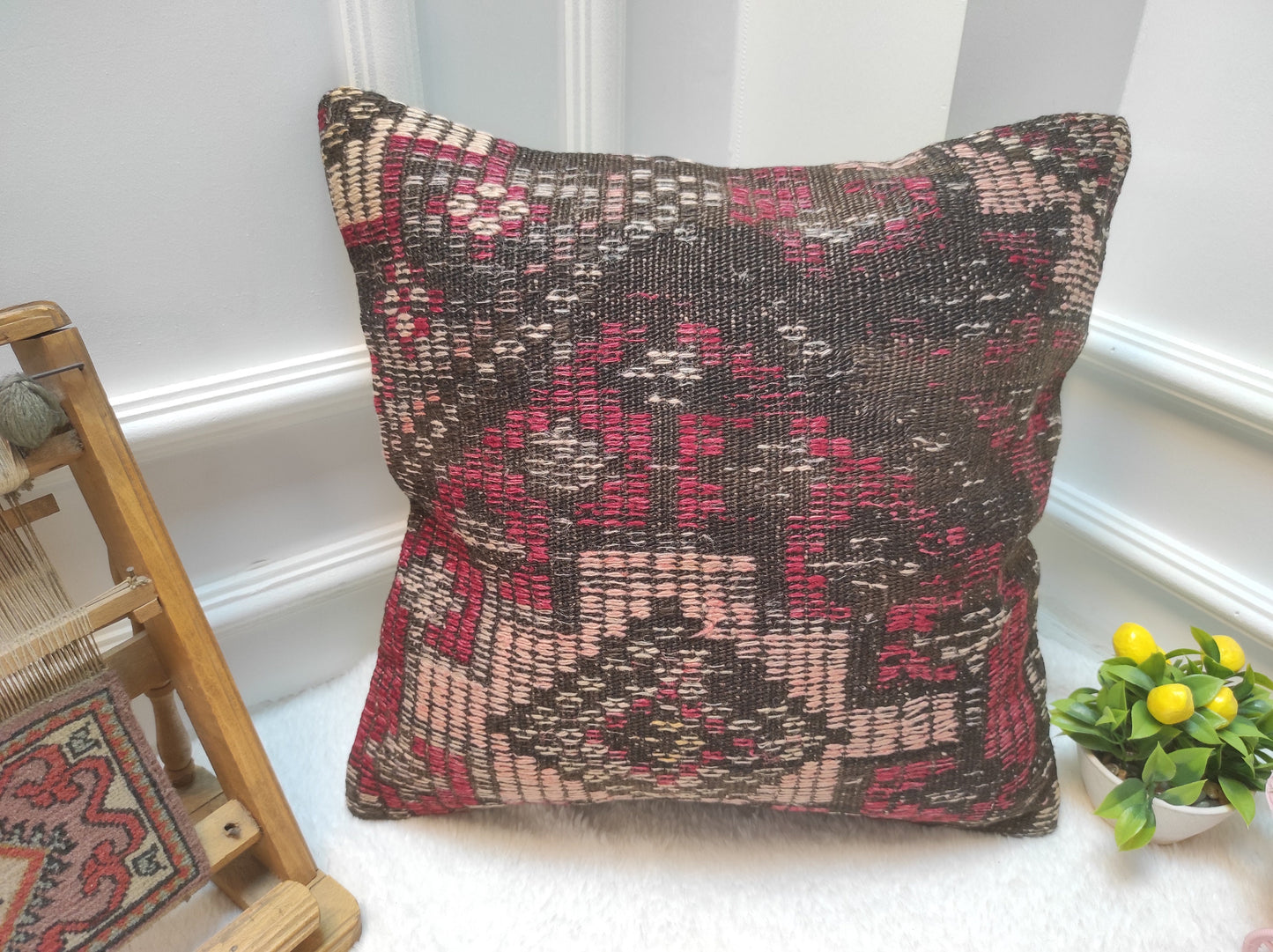 Handmade Kilim Pillow Cover: Upcycled Woven Rug, Tribal Rustic Decor (18x18 in)