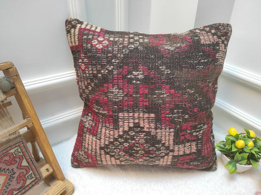Handmade Kilim Pillow Cover: Upcycled Woven Rug, Tribal Rustic Decor (18x18 in)