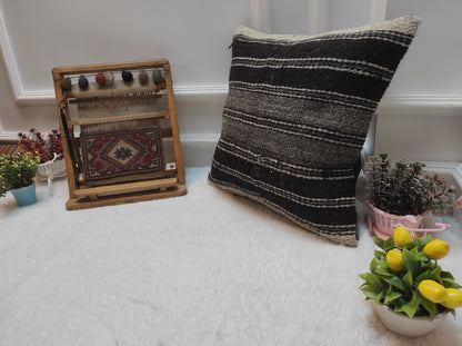 Handwoven Kilim Pillow Cover: Black & White Ethnic Tribal Design