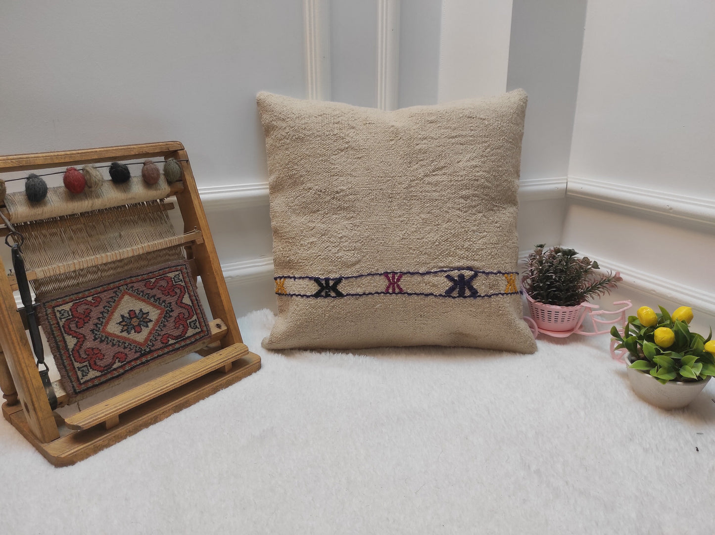 Handmade Kilim Pillow Cover: White Bohemian Woven Rug Pillow (18x18)